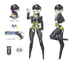 Rule 34 | 1girl, arm at side, blue eyes, character sheet, commentary, english commentary, from side, full body, grey hair, gun, handgun, hat, highres, joints, mgecko117, mole, mole under mouth, no feet, one eye closed, original, robot girl, robot joints, short hair, standing, standing on one leg, visor (armor), weapon, white background