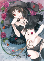 Rule 34 | 1girl, black hair, black thighhighs, chain, darth wooser, eihi, finger to mouth, flower, front-tie top, hood, jewelry, licking lips, long hair, lying, nail polish, necklace, off shoulder, on back, original, panties, partially submerged, pearl necklace, petals, pink flower, pink rose, red eyes, ring, rose, scissors, side-tie panties, solo, thighhighs, thorns, tongue, tongue out, underwear, water, wet, wet clothes