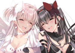 2girls :d absurdres akemi_homura akuma_homura arm_strap black_choker black_hair blush bow breasts choker cleavage closed_eyes collarbone facing_viewer hair_between_eyes hair_bow hairband highres kaname_madoka long_hair mahou_shoujo_madoka_magica mahou_shoujo_madoka_magica:_hangyaku_no_monogatari medium_breasts misteor multiple_girls open_mouth pink_hair red_bow red_hairband short_sleeves sideboob simple_background smile strapless two_side_up ultimate_madoka upper_body white_background white_bow white_choker