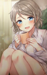 Rule 34 | 1girl, :d, bad id, bad pixiv id, bare legs, blue eyes, breasts, brown hair, cleavage, coffee, coffee mug, collared shirt, cup, curtains, dress shirt, feet out of frame, grey shirt, highres, holding, holding cup, indoors, knees together feet apart, knees up, long sleeves, looking at viewer, love live!, love live! sunshine!!, medium breasts, medium hair, mkzk nagi, mug, no pants, open mouth, shirt, sitting, smile, solo, sparkle, swept bangs, watanabe you, wing collar