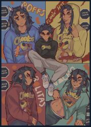 Rule 34 | 4boys, abs, absurdres, aizetsu (kimetsu no yaiba), artist name, black hair, black hoodie, black socks, blue background, blue hoodie, cheetos, chester cheetah, closed mouth, clothes lift, commentary, contemporary, dark-skinned male, dark skin, english commentary, furrowed brow, green background, grey pants, hand up, headphones, highres, hood, hood down, hoodie, hoodie lift, humanization, karaku (kimetsu no yaiba), kimetsu no yaiba, lifting own clothes, long hair, long sleeves, looking at viewer, looking to the side, male focus, multicolored background, multiple boys, muted color, naughty face, p1nkmenace63, pants, raised eyebrow, red background, red hoodie, sekido (kimetsu no yaiba), shirt lift, shoes, short hair, sitting, sleeves past wrists, sneakers, socks, spanish text, thick eyebrows, toned, toned male, tongue, tongue out, twitter username, urogi (kimetsu no yaiba), v, white footwear, yellow background, yellow eyes, yellow hoodie, zohakuten (kimetsu no yaiba)