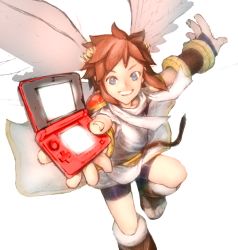 Rule 34 | 1boy, bad id, bad pixiv id, blue eyes, bracer, flight, glowing, handheld game console, highres, kid icarus, male focus, nintendo, nintendo 3ds, pit (kid icarus), product placement, red hair, sandals, smile, solo, wings