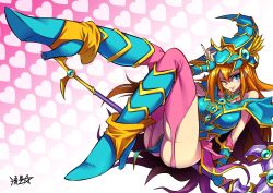 Rule 34 | 1girl, armor, blue dress, blue eyes, blue footwear, blue hat, blush stickers, boots, breasts, detached sleeves, dress, duel monster, fingernails, garter straps, hair between eyes, hand to head, hand up, hat, heart, heart background, high heel boots, high heels, highres, large breasts, leg up, long hair, looking at viewer, magician&#039;s valkyria, nail polish, one eye closed, orange hair, parted lips, pauldrons, pink thighhighs, reclining, red nails, ryuusei (mark ii), shoulder armor, signature, smile, solo, staff, thighhighs, wizard hat, yu-gi-oh!