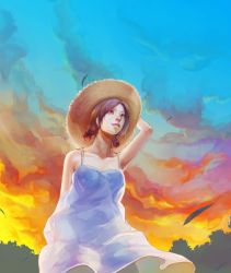 Rule 34 | 1girl, albaro, bare shoulders, brown hair, dress, female focus, from below, hand on headwear, hat, lips, nature, original, outdoors, plant, sky, solo, summer, sunset, white dress, wind