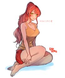 Rule 34 | 1girl, :d, barefoot, breasts, casual, cleavage, commentary, dolphin shorts, english commentary, full body, green eyes, large breasts, long hair, open mouth, ponytail, pyrrha nikos, red hair, red shorts, rwby, shirt, shorts, simple background, smile, soles, solo, sora (efr), very long hair, white background, yellow shirt