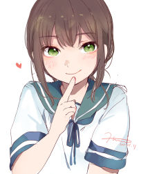 Rule 34 | 1girl, black hair, blue sailor collar, commentary request, dated, fubuki (kancolle), green eyes, highres, hiroi09, index finger raised, kantai collection, long hair, looking at viewer, low ponytail, ponytail, sailor bikini, sailor collar, school uniform, serafuku, short ponytail, sidelocks, signature, simple background, smile, solo, upper body, white background