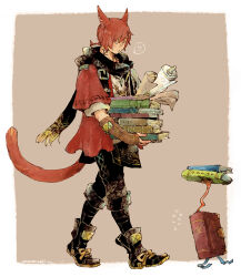 Rule 34 | !, !!, 1boy, animal ears, animate object, ankle boots, black footwear, black pants, black scarf, book, book stack, boots, border, bow, braid, braided ponytail, brown background, brown gloves, carrying, cat boy, cat ears, cat tail, dated, elbow gloves, facial mark, final fantasy, final fantasy xiv, fingerless gloves, flying sweatdrops, footwear bow, fringe trim, from side, full body, g&#039;raha tia, gloves, grey shirt, hair ornament, holding, holding book, itowff14, jacket, jewelry, looking down, low ponytail, male focus, miqo&#039;te, neck tattoo, outside border, pants, pendant, puckered lips, red eyes, red hair, red jacket, scarf, scroll, shirt, short hair, short ponytail, shoulder belt, signature, single braid, solo, spoken exclamation mark, swept bangs, tail, tattoo, walking, white border, x hair ornament