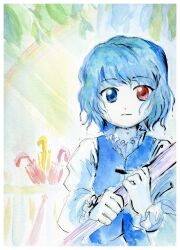 Rule 34 | 1girl, blue eyes, blue hair, blue vest, border, closed mouth, closed umbrella, frown, heterochromia, highres, holding, holding umbrella, light blue hair, looking at viewer, medinki, official style, painting (medium), red eyes, short hair, solo, tatara kogasa, touhou, traditional media, umbrella, vest, watercolor (medium), wet, wet hair, white border, zun (style)