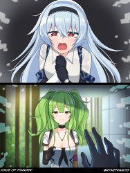 Rule 34 | 2girls, blue hair, breasts, camouflage, cleavage, crying, crying with eyes open, djmax, djmax respect, girls&#039; frontline, gloves, green hair, hairband, highres, jewelry, m950a (girls&#039; frontline), multiple girls, necklace, reaching, reaching towards viewer, rynzfrancis, sad smile, tears, textless version, thunder (girls&#039; frontline)