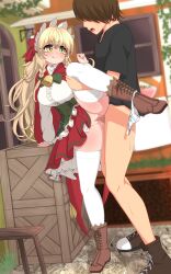 Rule 34 | 1boy, 1girl, assertive female, bell, black shirt, blonde hair, blush, bonnet, boots, bow, bowtie, braid, breasts, brown footwear, brown hair, cape, censored, closed mouth, clothed sex, collared shirt, corset, eliisa (mahjong soul), fujigaya arctia, full body, grass, green bow, green bowtie, green corset, green eyes, hat, hetero, highres, large breasts, leg lift, long hair, long sleeves, looking at another, mahjong soul, medium bangs, mosaic censoring, panties, panties around leg, penis, plant, pleated skirt, pussy, red cape, red hat, red skirt, sex, shirt, short sleeves, skirt, smile, textless version, thighhighs, underwear, vaginal, variant set, vines, white panties, white shirt, white thighhighs, wooden box