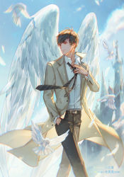 Rule 34 | 1boy, absurdres, angel wings, bai qi (love and producer), belt, belt buckle, bird, black necktie, blue sky, brown coat, brown eyes, brown hair, brown pants, buckle, closed mouth, cloud, cloudy sky, coat, earrings, feathers, hand in pocket, highres, jewelry, long sleeves, love and producer, necktie, outdoors, pants, polo shirt, rabbitcamilla, shirt, sky, solo, white shirt, wings
