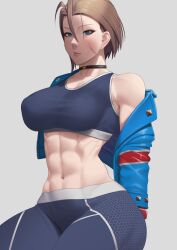 Rule 34 | 1girl, abs, absurdres, antenna hair, black choker, black sports bra, blue eyes, breasts, brown hair, cammy white, choker, cropped jacket, highres, jacket, large breasts, midriff, muscular, muscular female, pants, putcher, scar, scar on face, short hair, sitting, solo, sports bra, street fighter, street fighter 6, yoga pants