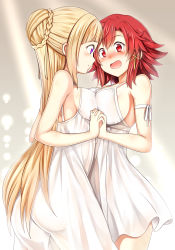 Rule 34 | 10s, 2girls, arm ribbon, ass, asymmetrical docking, bare shoulders, blonde hair, blush, breast press, breasts, eye contact, hair ribbon, interlocked fingers, izetta, large breasts, light particles, long hair, looking at another, medium breasts, multiple girls, nightgown, open mouth, ortfine fredericka von eylstadt, p book, profile, purple eyes, red eyes, red hair, ribbon, short hair, shuumatsu no izetta, sideboob, smile, surprised, yuri