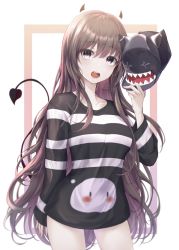 Rule 34 | 1girl, :o, arm at side, baseball cap, black hat, blush, breasts, brown eyes, brown hair, character request, collarbone, cowboy shot, demon girl, demon horns, demon tail, fang, g home, hat, highres, holding, holding clothes, holding hat, horns, long sleeves, maplestory, medium breasts, open mouth, print headwear, sharp teeth, shirt, solo, striped clothes, striped shirt, tail, teeth, teeth print, unworn hat, unworn headwear