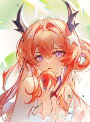 Rule 34 | 1girl, 2328625772, absurdres, apple, arknights, artist name, blush, breasts, cleavage, demon horns, fingernails, food, fruit, hair between eyes, hair ornament, hair rings, hand up, highres, holding, holding food, holding fruit, horns, light smile, lips, long hair, looking at viewer, medium breasts, official alternate costume, parted lips, purple eyes, red hair, solo, star (symbol), star hair ornament, surtr (arknights), surtr (colorful wonderland) (arknights), swimsuit cover-up, upper body