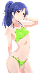 Rule 34 | 1girl, alternate hairstyle, arm up, bare shoulders, bikini, blue hair, blush, breasts, brown eyes, buruma, collarbone, covered erect nipples, green bikini, gym uniform, hand in own hair, hip focus, idolmaster, idolmaster (classic), idolmaster 1, kisaragi chihaya, long hair, midriff, navel, parted lips, ponytail, shiny clothes, shiny skin, simple background, small breasts, solo, standing, sweat, swimsuit, tengu (tetuo kun), thighs, white background