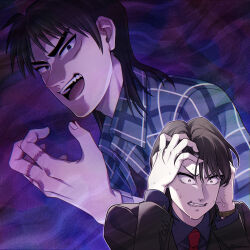 Rule 34 | 2boys, absurdres, black eyes, black hair, black jacket, blazer, blood, brown hair, collared shirt, commentary request, constricted pupils, facial scar, fingernails, green shirt, grey shirt, hands in own hair, hands on own head, highres, ichijou seiya, itou kaiji, jacket, kaiji, long hair, long sleeves, male focus, medium bangs, momojiri aya, multiple boys, necktie, nervous sweating, open clothes, open mouth, open shirt, plaid, plaid shirt, pointy nose, purple background, red necktie, sanpaku, scar, scar on cheek, scar on face, scar on hand, shirt, short sleeves, smile, sweat, teeth, upper body, upper teeth only, watch, wristwatch