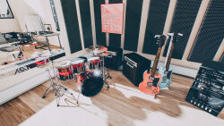 Rule 34 | absurdres, amplifier, artist name, bocchi the rock!, copyright name, cymbals, drum, drum set, electric guitar, guitar, highres, indoors, instrument, keyboard (instrument), mirror, no humans, reflection, scenery, seymour (sai lu er), stereo