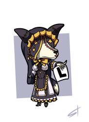 Rule 34 | 1girl, bow, chibi, closed mouth, covered eyes, dress, frilled dress, frills, gold bow, highres, holding, holding paper, maid, maid headdress, meme, multicolored clothes, multicolored dress, overlord (maruyama), paper, pestonya shortcake wanko, scar, scar on face, simple background, solo, standing tough