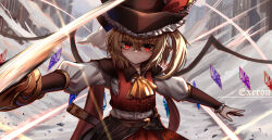 Rule 34 | 1girl, absurdres, ascot, blonde hair, closed mouth, commentary request, crystal, flandre scarlet, highres, long sleeves, looking at viewer, one side up, outdoors, red eyes, red skirt, red vest, shirt, signature, skirt, solo, top-exerou, touhou, vest, white shirt, wings, yellow ascot