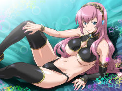 Rule 34 | 1girl, arm support, black thighhighs, blue eyes, bracelet, breasts, cleavage, cleavage cutout, clothing cutout, crop top, detached sleeves, elbow gloves, gloves, headphones, jewelry, joy ride, large breasts, lipstick, long hair, looking at viewer, lying, makeup, megurine luka, nail polish, navel, on back, pink hair, single elbow glove, single glove, smile, solo, star (symbol), thighhighs, underboob, vocaloid