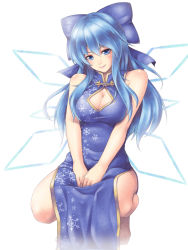 Rule 34 | 1girl, aged up, alternate breast size, alternate costume, alternate hair length, alternate hairstyle, bad id, bad pixiv id, barefoot, blue eyes, blue hair, bow, breasts, china dress, chinese clothes, cirno, cleavage, cleavage cutout, clothing cutout, dress, female focus, hair bow, ice, ice wings, large breasts, long hair, looking at viewer, matching hair/eyes, mochi.f, side slit, simple background, smile, solo, touhou, white background, wings