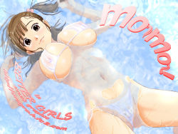 Rule 34 | 1girl, armpits, asymmetrical bangs, better girls, bikini, breasts, brown eyes, brown hair, closed mouth, copyright name, floating hair, from above, hair bobbles, hair ornament, kaminogi momo, large breasts, looking at viewer, lying, medium hair, navel, nipples, on back, ryouzou, side ponytail, smile, solo, swimsuit, water, white bikini