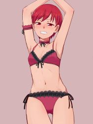 Rule 34 | 10s, 1girl, arm garter, armpits, arms up, blush, bra, breasts, clenched teeth, highres, kenjou akira, kirakira precure a la mode, looking at viewer, navel, panties, pink background, precure, red bra, red eyes, red hair, red panties, short hair, side-tie panties, simple background, small breasts, solo, sweat, teeth, underwear, underwear only, unpale