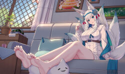 Rule 34 | 1girl, absurdres, animal ears, barefoot, blue eyes, clover theater, couch, feet, fox ears, fox tail, highres, kitsune, light blush, long hair, looking at viewer, multiple tails, nairobi song, parted lips, scarf, sitting, soles, tail, toes, white hair