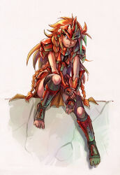 Rule 34 | 1girl, armor, braid, brown loincloth, cliff, expressionless, feet, fingerless gloves, freckles, gloves, knee cutout, les chevaucheurs, loincloth, long hair, looking to the side, maxa&#039;, on floor, orange hair, phenice walholl, red armor, scar, scar on arm, shin guards, sitting, solo, stirrup legwear, toeless legwear, toes, warrior, white background, wiggling toes, yellow eyes