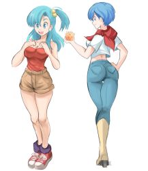 Rule 34 | 2girls, ass, bare shoulders, blue eyes, blue hair, boots, breasts, bulma, denim, dragon ball, dragon ball super, dragonball z, from behind, grin, highres, jeans, long hair, looking at viewer, looking back, medium breasts, multiple girls, pants, rakeemspoon, short hair, short shorts, shorts, side ponytail, sideboob, smile, solo, time paradox