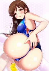 Rule 34 | 10s, 1girl, ass, breasts, brown eyes, brown hair, competition swimsuit, huge ass, idolmaster, idolmaster cinderella girls, idolmaster cinderella girls starlight stage, jewel (the black canvas), long hair, looking back, matching hair/eyes, nitta minami, one-piece swimsuit, open mouth, rubber duck, sideboob, smile, solo, spoken blush, swimsuit, wet