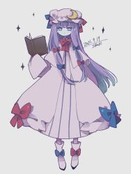 Rule 34 | 1girl, blue bow, blue eyes, book, boots, bow, bowtie, bright pupils, capelet, commentary, cosmicmind, crescent, crescent hat ornament, dated, dress, dress bow, expressionless, footwear bow, full body, hair bow, hat, hat bow, hat ornament, holding, holding book, layered dress, long dress, long hair, long sleeves, looking at viewer, mob cap, one-hour drawing challenge, open book, patchouli knowledge, pink capelet, pink dress, pink footwear, pink hat, purple hair, red bow, signature, simple background, sleeves past fingers, sleeves past wrists, solo, sparkle, touhou, white pupils, wide sleeves