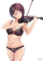 Rule 34 | 1girl, asymmetrical hair, bang dream!, bare shoulders, black bra, black hair, black panties, bow (music), bra, breasts, cleavage, collarbone, commentary, cowboy shot, dated, english commentary, floral print, groin, hair between eyes, half-closed eyes, highres, hiroki ree, holding, holding instrument, holding violin, instrument, jewelry, large breasts, midriff, music, navel, panties, pink eyes, playing instrument, ring, short hair, signature, simple background, single sidelock, smile, solo, standing, underwear, underwear only, violin, white background, yashio rui