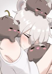 Rule 34 | 1girl, animal, animal ear fluff, animal ears, animal hug, animal on head, animal on shoulder, blush stickers, cipher4109, closed eyes, clothing cutout, earrings, fang, fuse, grey hair, hololive, jewelry, lion ears, lion girl, on head, open mouth, shirt, shishiro botan, shoulder cutout, smile, ssrb (shishiro botan), tearing up, virtual youtuber, white shirt