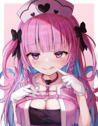 Rule 34 | 1girl, :q, bandaid, bandaid on arm, black bow, blue hair, blunt bangs, blush, bow, braid, breasts, chest harness, cleavage, closed mouth, colored inner hair, commentary request, drill hair, fang, fang out, finger to mouth, gloves, hair bow, hand on own chest, hand up, harness, hat, highres, hololive, jacket, long hair, looking at viewer, medium breasts, minato aqua, multicolored hair, nurse cap, o-ring, open clothes, open jacket, pink hair, pink jacket, purple eyes, shishou (doragyurosu), solo, tongue, tongue out, twin braids, twin drills, two side up, upper body, virtual youtuber, white gloves