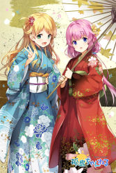 Rule 34 | 2girls, blonde hair, blue eyes, blue kimono, commentary request, copyright name, floral print, flower, green eyes, hair flower, hair ornament, hair rings, japanese clothes, kimono, koto-channel, kotoha (koto channel), leaf print, long hair, looking at viewer, low twintails, mihama kosumi, multiple girls, obi, oil-paper umbrella, pink hair, red kimono, sash, senji (tegone spike), twintails, umbrella, v, w, white umbrella, wide sleeves