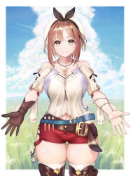 Rule 34 | 1girl, atelier (series), atelier ryza, atelier ryza 1, bad id, bad pixiv id, bare shoulders, belt, blue sky, breasts, brown eyes, brown gloves, brown hair, brown thighhighs, cleavage, closed mouth, cloud, collarbone, commentary request, day, fang, gloves, hair ornament, hairclip, hat, highres, jewelry, large breasts, looking at viewer, md5 mismatch, mugi gome, navel, necklace, red shorts, reisalin stout, resolution mismatch, short hair, short shorts, shorts, single glove, sky, smile, solo, standing, star (symbol), thick thighs, thigh gap, thighhighs, thighs, white hat, white thighhighs