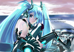Rule 34 | 1girl, bad id, bad pixiv id, blue eyes, blue hair, boots, cloud, elbow gloves, gloves, hatsune miku, hatsune miku (append), headphones, headset, hekiten, highres, long hair, matching hair/eyes, sitting, skirt, solo, thigh boots, thighhighs, twintails, very long hair, vocaloid, vocaloid append