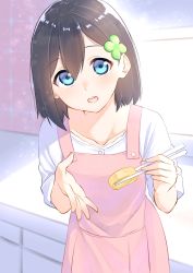 Rule 34 | 1girl, apron, black hair, blue eyes, blurry, blurry background, chopsticks, clover hair ornament, collarbone, commentary request, depth of field, food, four-leaf clover hair ornament, hair between eyes, hair ornament, highres, holding, holding chopsticks, indoors, looking at viewer, omelet, open mouth, original, pink apron, round teeth, shirt, short sleeves, solo, suzunari shizuku, tamagoyaki, teeth, upper teeth only, white shirt, yuki arare