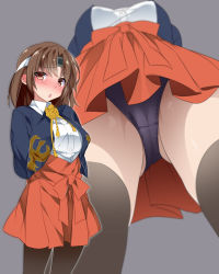 Rule 34 | 1girl, black panties, black thighhighs, blouse, blush, breasts, brown eyes, brown hair, chiyoda (kancolle), commentary request, from below, grey background, highres, kantai collection, large breasts, long hair, long sleeves, mtu (orewamuzituda), multiple views, open mouth, panties, shirt, simple background, thighhighs, underwear, white shirt