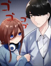 Rule 34 | 1boy, 1girl, angry, arm grab, black hair, blue eyes, blue sweater, blush, breasts, brown hair, casual, clenched teeth, closed mouth, collared shirt, commentary, couple, crazy eyes, empty eyes, expressionless, eyebrows hidden by hair, go-toubun no hanayome, grey background, hair between eyes, hair over one eye, headphones, headphones around neck, hetero, highres, jealous, large breasts, long hair, looking at another, mame1645, menacing (jojo), nakano miku, nose, shaded face, shirt, short hair, sidelocks, simple background, sleeves past wrists, sweatdrop, sweater, swept bangs, teeth, uesugi fuutarou, upturned eyes, v-shaped eyebrows, white shirt, yandere, yellow eyes