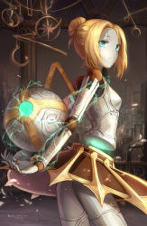 Rule 34 | 1girl, android, blonde hair, blue eyes, brown skirt, doll joints, electricity, frown, hair bun, joints, kyurin (sunnydelight), league of legends, orb, orianna (league of legends), robot, skirt, solo