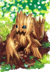 Rule 34 | blue eyes, digimon, digimon (creature), grass, highres, looking at viewer, solo, tree, woodmon
