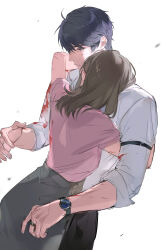 arm_strap black_eyes black_hair black_pants blood blood_on_clothes blood_on_face blurry collared_shirt cowboy_shot highres hug jewelry li_zeyan love_and_producer maosen pants parted_lips pink_shirt protagonist_(love_and_producer) ring shirt short_hair simple_background skirt watch white_background white_shirt wristwatch