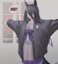 Rule 34 | 1girl, 1koma, absurdres, ahoge, animal ears, black hair, black jacket, blunt ends, bow, bowtie, colored inner hair, comic, commentary, cowboy shot, english commentary, english text, eyes visible through hair, grey hair, hair between eyes, highres, horse ears, horse girl, horseshoe print, jacket, long bangs, long hair, manhattan cafe (umamusume), multicolored hair, open clothes, open jacket, outstretched arms, pleated skirt, purple bow, purple bowtie, purple shirt, sailor collar, sailor shirt, shirt, skirt, solo, speech bubble, spread arms, tail, tv (dvtoro229), umamusume, white sailor collar, white skirt, yellow eyes