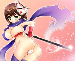 Rule 34 | 1girl, atlus, bad id, bad pixiv id, breasts, brown hair, fox mask, green eyes, hotei kazuha, large breasts, maebari, mask, naked scarf, nipples, scarf, etrian odyssey, sekaiju no meikyuu 3, shinobi (sekaiju), short hair, solo, thighhighs, topless, weapon