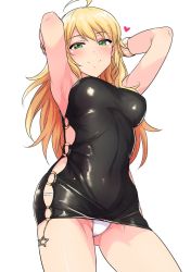 Rule 34 | 1girl, ahoge, armpits, arms behind head, arms up, bangle, black dress, blonde hair, blush, bracelet, closed mouth, cowboy shot, dress, from below, green eyes, heart, highres, hoshii miki, idolmaster, idolmaster (classic), jewelry, long hair, looking at viewer, panties, pantyshot, shiny clothes, short dress, side slit, simple background, skin tight, sleeveless, sleeveless dress, smile, solo, standing, star (symbol), thighs, tight clothes, tsurui, underwear, upskirt, white background, white panties