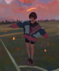 Rule 34 | 1girl, brown hair, building, cloud, evening, field, full body, halo, highres, jacket, original, outstretched arms, scenery, school uniform, serafuku, shoes, short hair, shorts, sky, socks, solo, standing, star (symbol), tree, xilmo