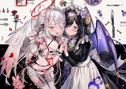 Rule 34 | + +, 2girls, @ @, absurdres, angel wings, apron, arrow (projectile), bandaid, bandaid on hand, black dress, black hair, black ribbon, blood, blood bag, blood halo, bloody knife, blue eyes, bow, bowtie, bra, bug, butterfly, candy, commentary, crescent, demon horns, demon tail, demon wings, detached sleeves, dress, ear piercing, earrings, eyes visible through hair, feathered wings, flower, food, fork, frilled hairband, frilled legwear, frills, hair ornament, hair over one eye, hairband, halo, heart, heart hair ornament, heterochromia, highres, holding hands, horns, insect, jewelry, juliet sleeves, knife, liquid halo, long hair, long sleeves, maid headdress, multicolored hair, multiple girls, nail polish, original, panties, piercing, pointy ears, pubic tattoo, puffy sleeves, purple butterfly, purple flower, purple hair, rabbit hair ornament, red eyes, red flower, red nails, red ribbon, red rose, red tulip, ribbon, rose, short sleeves, silver hair, spoon, star (symbol), streaked hair, stuffed animal, stuffed rabbit, stuffed toy, symbol-only commentary, tail, tail ornament, tail ribbon, tattoo, tearing up, thighhighs, tulip, underwear, very long hair, white apron, white background, white bow, white bowtie, white bra, white eyes, white legwear, white panties, wings, y o u k a
